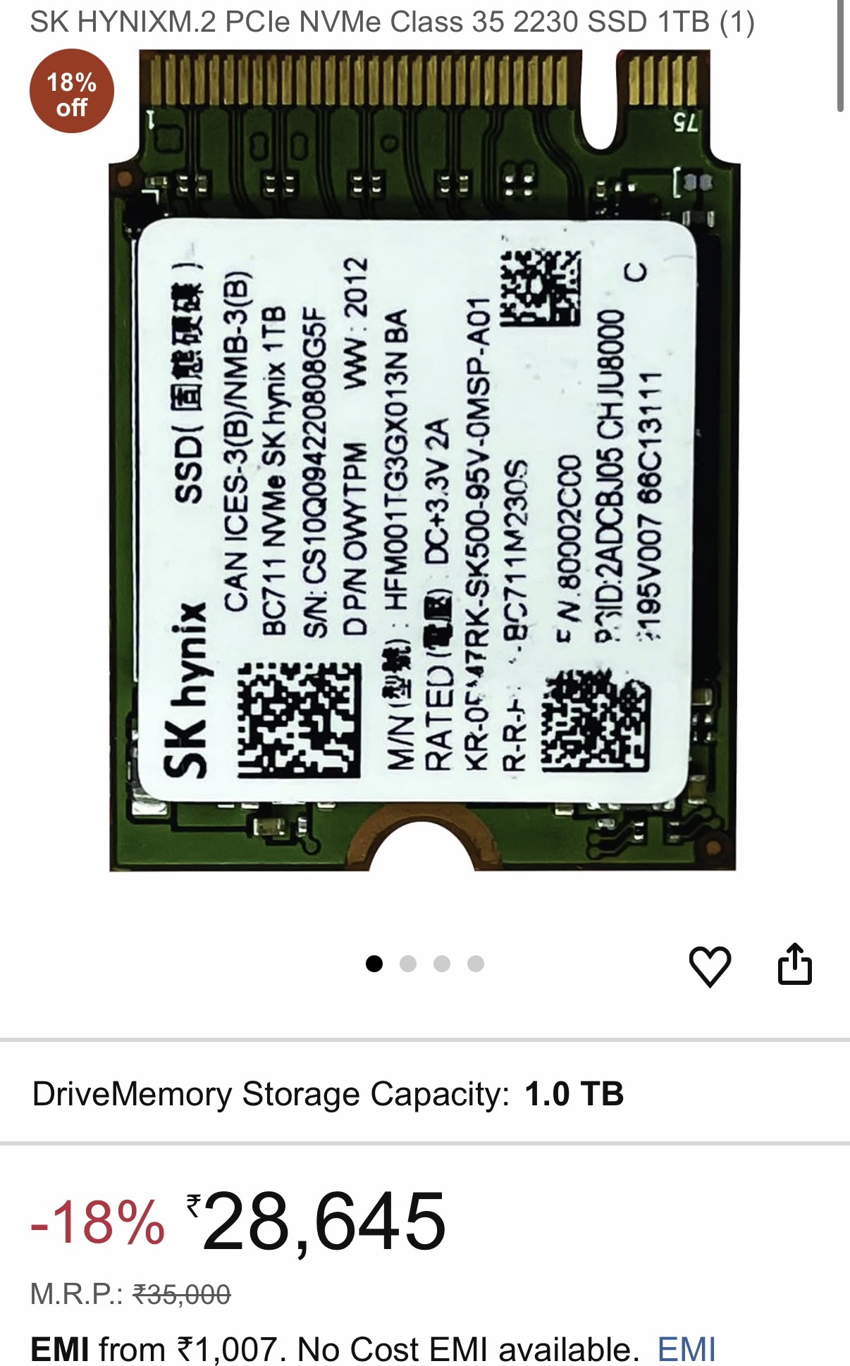LAPTOP SSD’s (1TB) SK hynix BC711 NVMe SK hynix 1TB